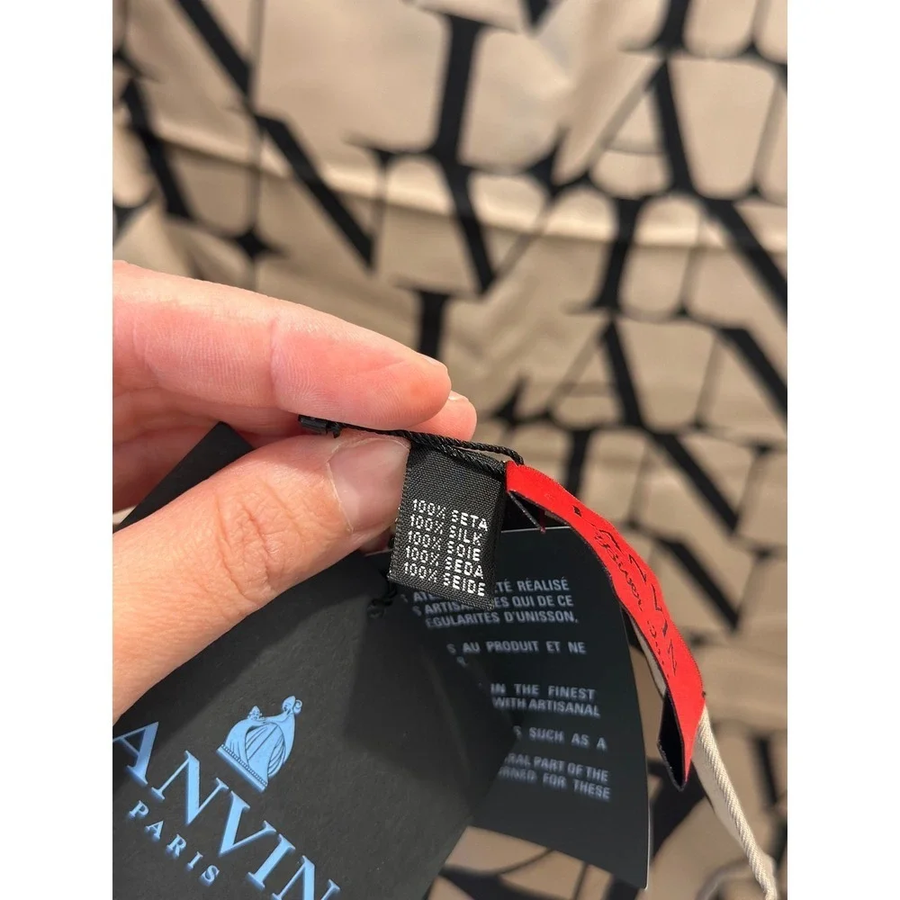 Lanvin Paris Silk Foulard Scarf Logo Print Beige Black W090151421P5B NWT